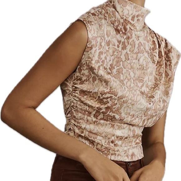 Anthropologie Tops - Anthropologie High Neck ruched blouse Tan white pattern.Dressy or casual. Size M
